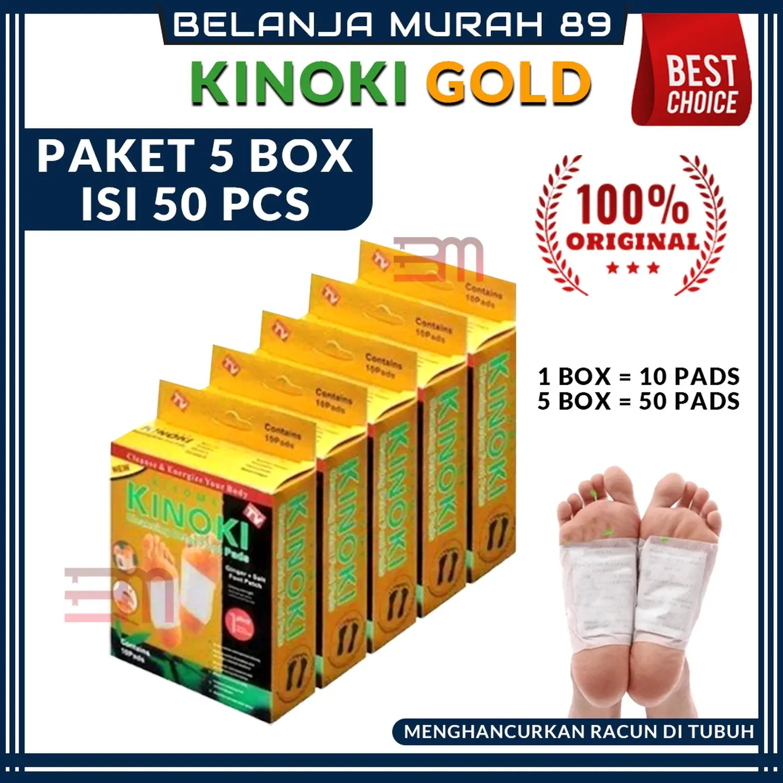 SALE 5 Box isi 50 PCS Kinoki Gold Detox Foot Pads Koyo Penyerap Racun Dalam Tubuh Secara Alami - BELANJA MURAH