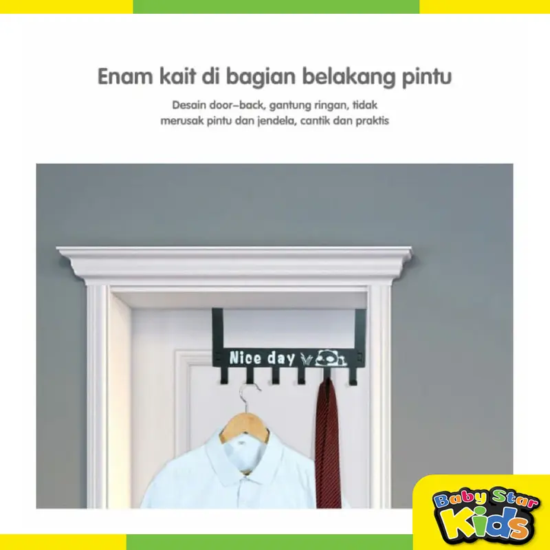 Gantungan Baju Tempel Pintu Minimalis HOOK NICE DAY Belakang Pintu Tanpa Paku Kuat 6 Kaitan Enudden 5