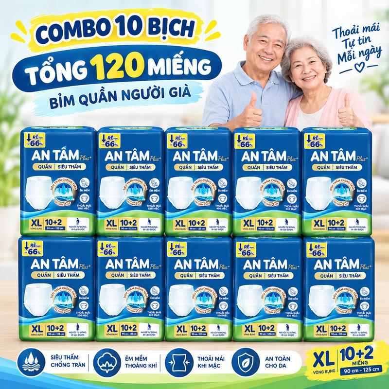 Combo 120 miếng (10 bịch mỗi bịch 12 miếng) bỉm quần người già An Tâm của Unicharm, thấm hút tốt, an toàn, tiết kiệm