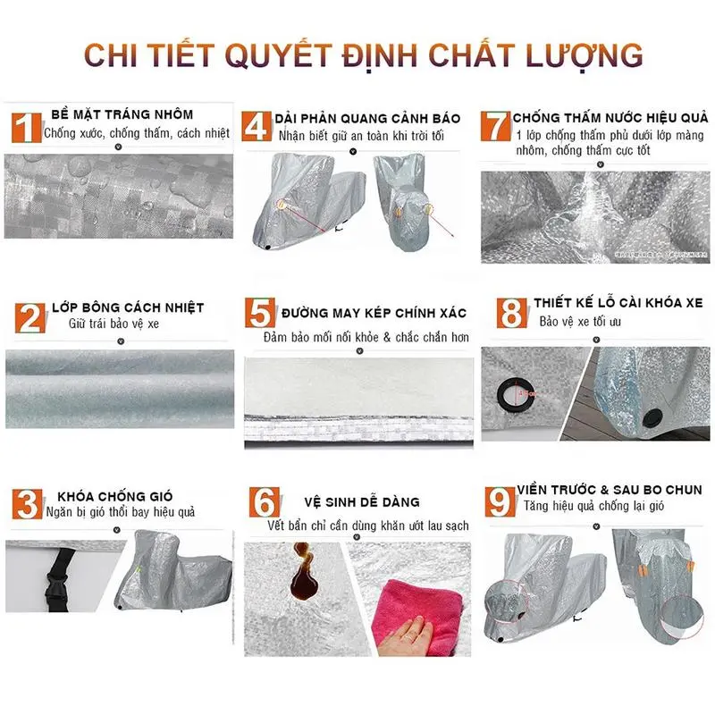Bạt Phủ Xe Máy, Bạt Trùm Xe Máy Vải Dù Tráng Nhôm 3 Lớp, Có Lớp Lót Chống Xước Xe 8