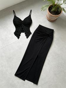 Conjunto para mujer: top halter con nudo frontal y falda midi de cintura alta con abertura, efecto adelgazante para el verano, moderno y cómodo