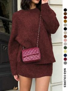 Conjunto de dos piezas para mujer estilo commuter, ideal para otoño invierno, elegancia casual con top de punto y falda, perfecto para salidas a la moda
