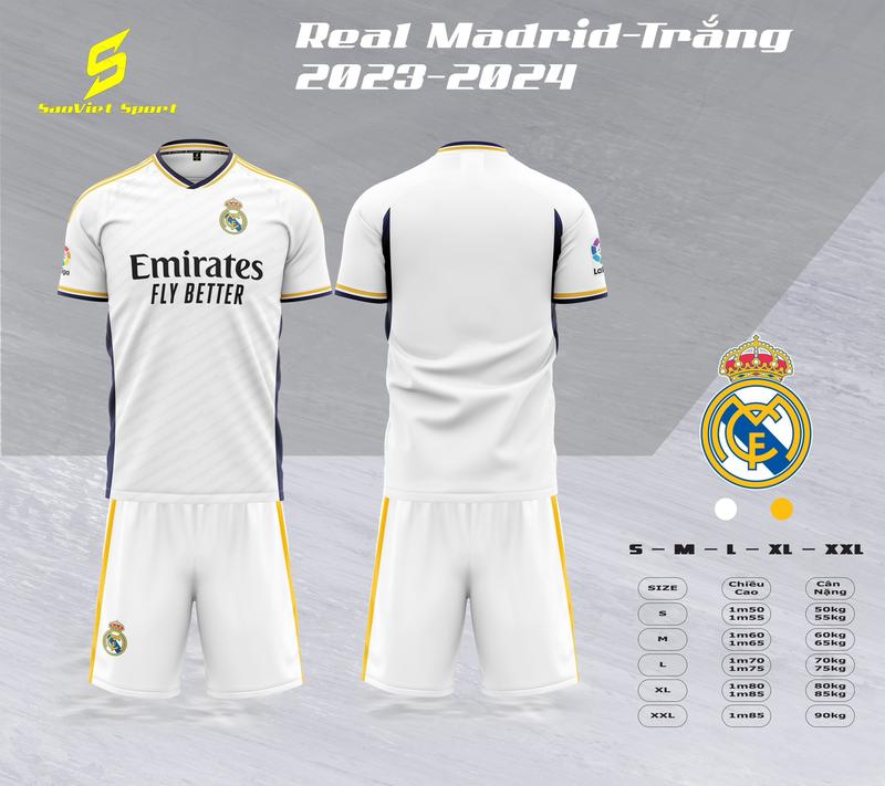[Có in Tên-Số] REAL MADRID 2024 Trắng Sọc Vàng Bộ Đồ Thể Thao CLB [In Theo Yêu Cầu] [Tặng Kèm MIỄN PHÍ VỚ Dệt Kim Cao Cấp Khi Mua Từ 3 Bộ Có in] Sân Nhà Vải Thun Lạnh SAO VIỆT - Áo Trắng/Quần Trắng 2024 - NOBI SPORT - Áo Bóng Đá/Đồ Đá Banh - Thoáng Mát