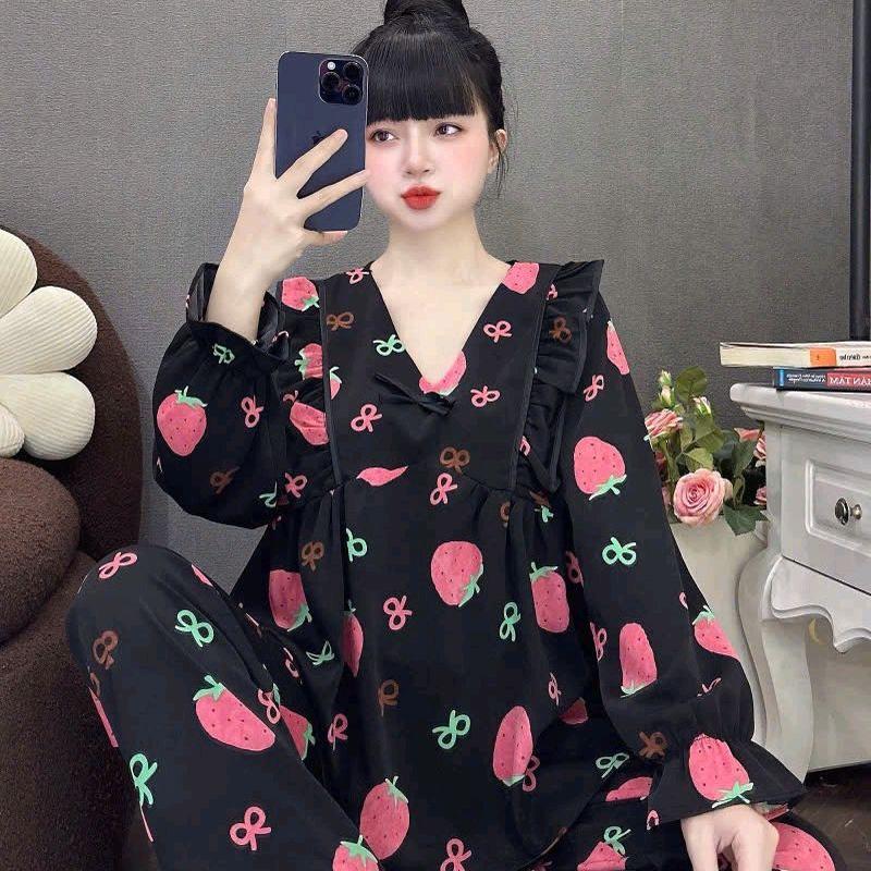 Đồ Bộ Mặc Nhà Dành Cho Nữ - Áo Babydoll Dài Quần Dài & Đùi Có Túi,  Chất Vải Lụa Mango Mềm Mát Dễ Thương, Quần Có Túi Form Dưới 60kg Dài set ngủ tay phồng Nhung Tua Rua Dài Tay