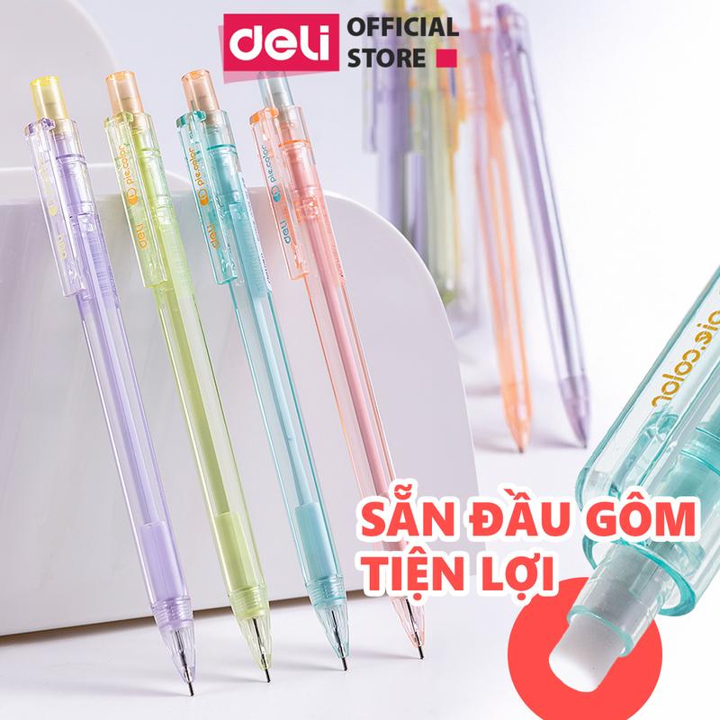 Bút chì kim Deli ngòi 0.7mm bút chì bấm học sinh - thiết kế siêu xinh phối màu pastel có gôm tẩy đầu bút đi kèm tiện lợi
