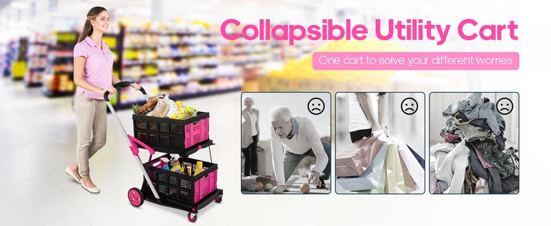 Product Introduction of Foldable Utility Cart with Wheels,2 Layers Multifunctional Folding Cart for Cosmetic Organizer,Grocery,Office,Warehouse,Garden, Double Layers Foldable Shopping Cart,Folding Trolley for Luggage Heavy Duty(Blue/RED/PINK/Purple) 0