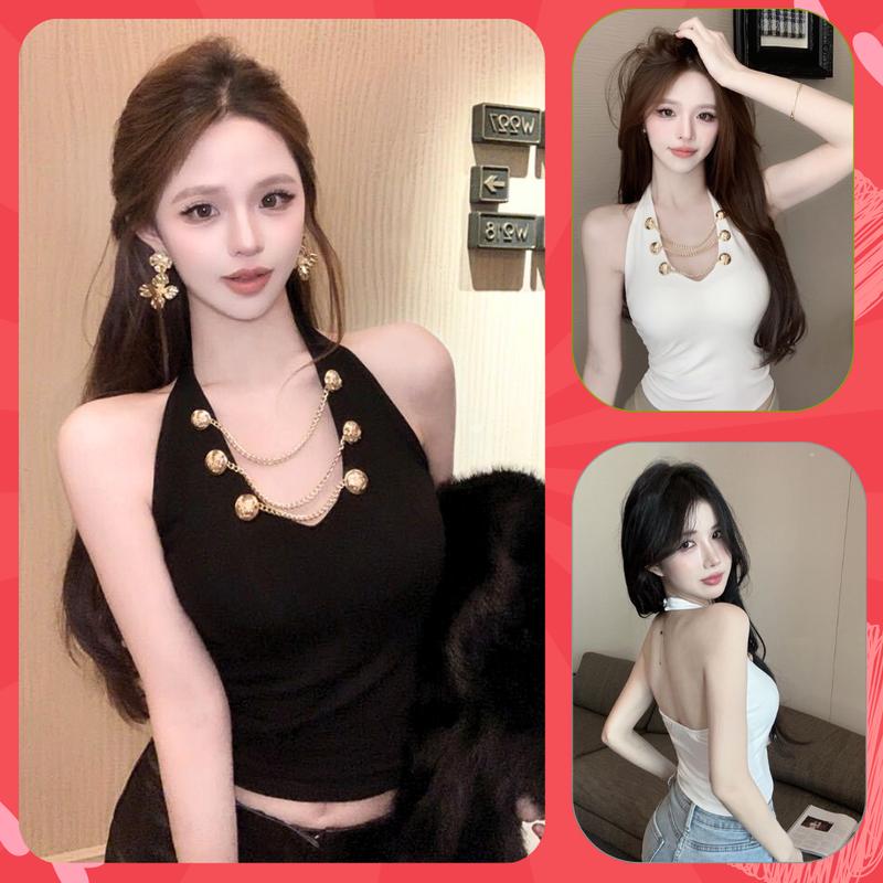 Áo croptop cổ yếm cho nữ áo sát nách áo tank top áo quây áo ống hở lưng đính xích cá tính chất thun co dãn mềm có mút AT35