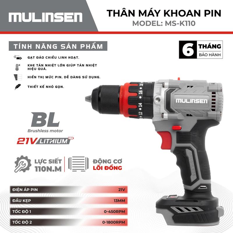   DEAL LIVE THÂN MÁY KHOAN PIN MS-K110 Lực siết 110N đều kẹp 13 ly tốc độ không tải 1800v p chân pin phổ thông 