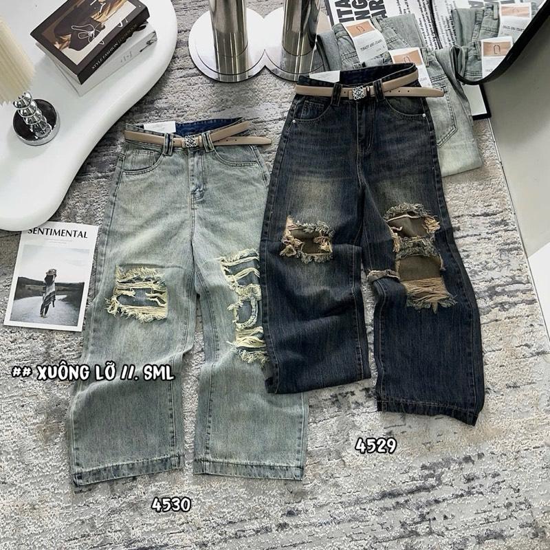 | S026| - quần baggy jean nữ dáng suông 9 tấc ( dài 92cm) rách ô vuông mã 4529-4530. Chất jean mềm , không co giãn Women Pants