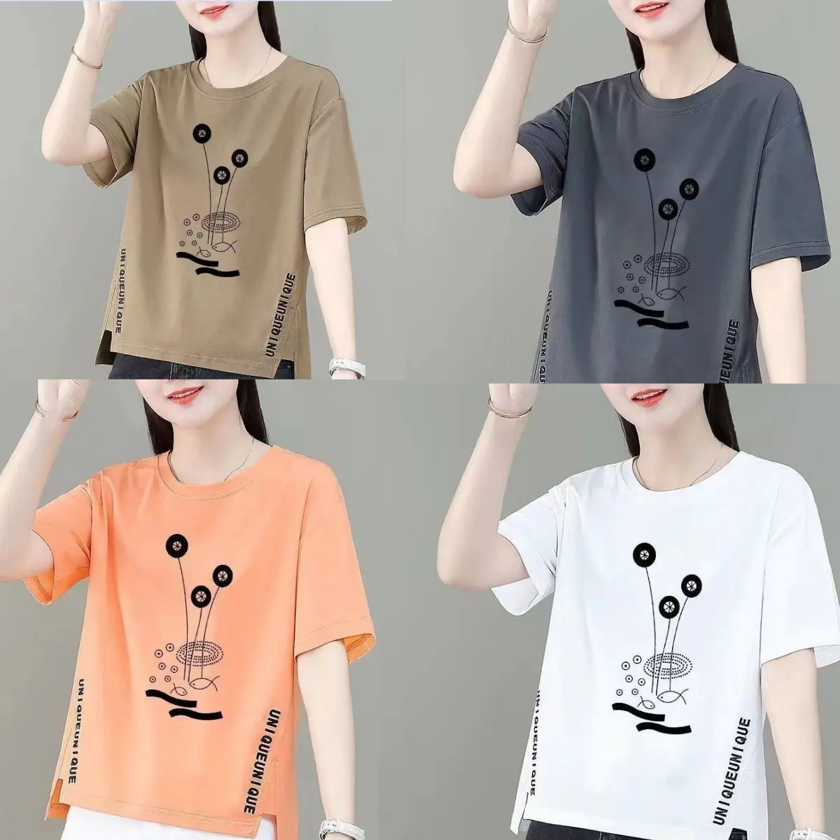 Áo Thun Ngắn Tay In Họa Tiết Bất Đối Xứng Cho Nữ, Áo Mùa Hè Mới, Cổ Tròn, Ins, Hợp Thời Trang, Trước Ngắn, Sau Dài Women Top