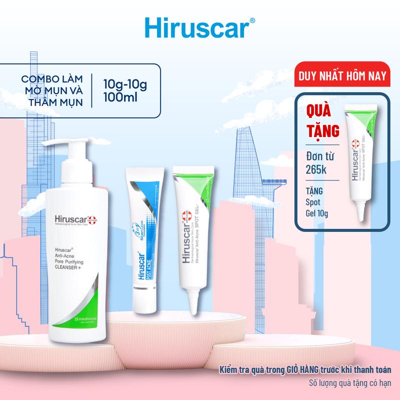Combo Gel làm mờ sẹo mụn, thâm mụn Hiruscar Post Acne 10g, Gel chấm mụn 10g và Sữa rửa mặt 100g