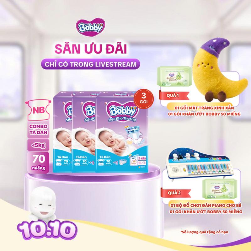 [CP][TÃ DÁN][COMBO 3-TẶNG QUÀ] Bobby Tã/bỉm dán XS70/S80/M76/L68/XL62/XXL56 (bao bì ngẫu nhiên)