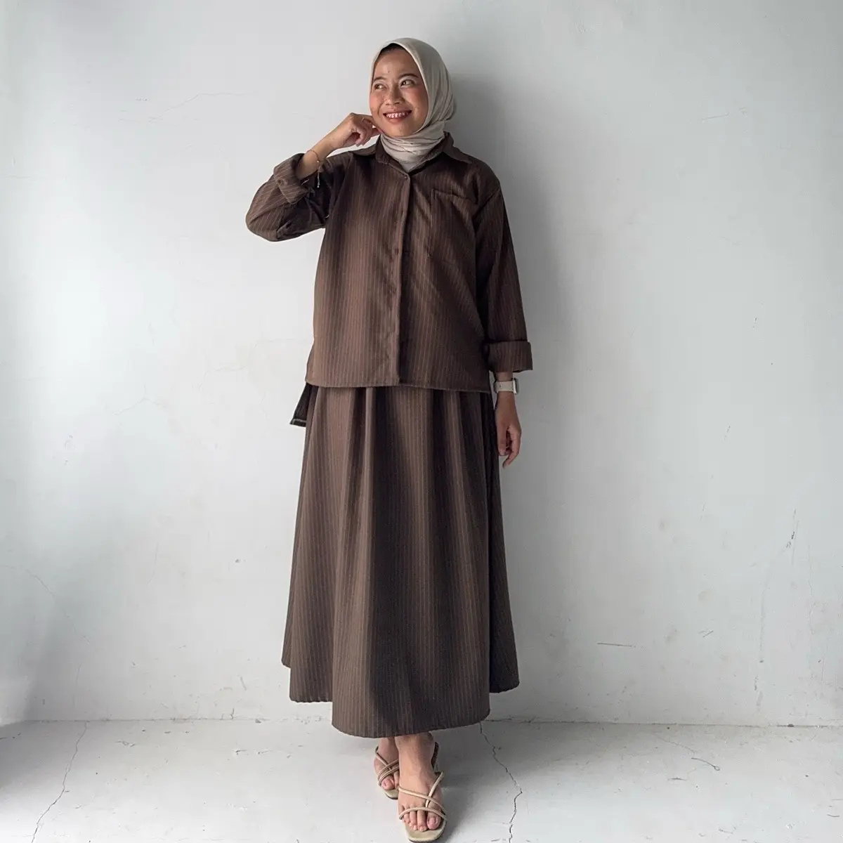 Maraya set - arrawear - baju one set - setelan kemeja dan rok - one set raya - setelan wanita salur - stripe shirt - atasan bawahan