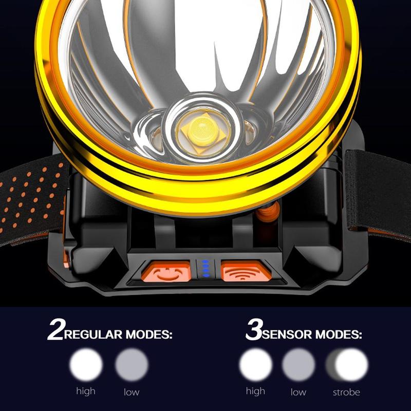 Đèn pha Led, Mạnh mẽ, Ánh sáng vàng và trắng, Pin tích hợp, Không thấm nước, Có Thể Sạc Lại USB, Đèn pin đội đầu 5