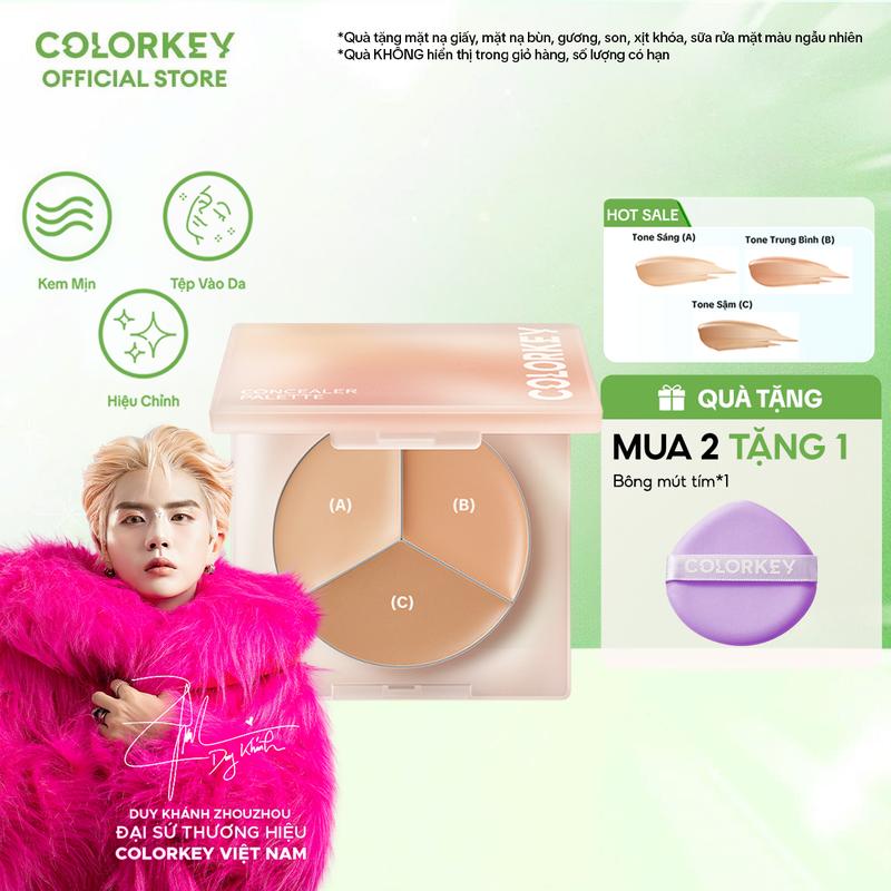  Bảng Kem Che Khuyết Điểm COLORKEY 3 Màu Chất Kem Mỏng Mịn Che Phủ Tự Nhiên 3.9g 