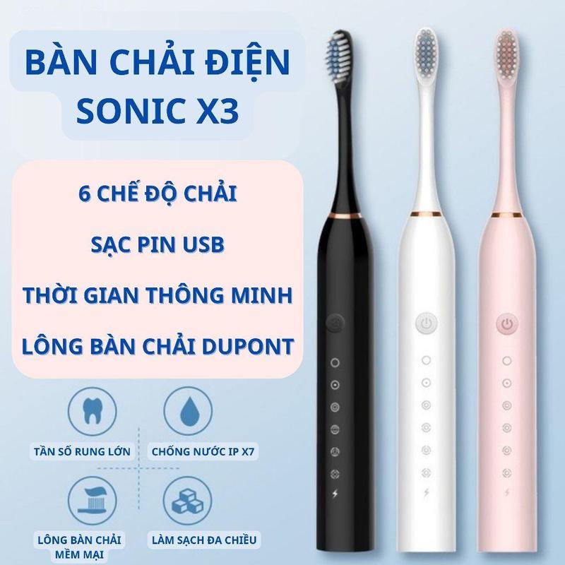 Bàn Chải Điện Đánh Răng Sonic X3 Thông Minh 6 Chế Độ Làm Sạch Tặng Kèm 4 Đầu…