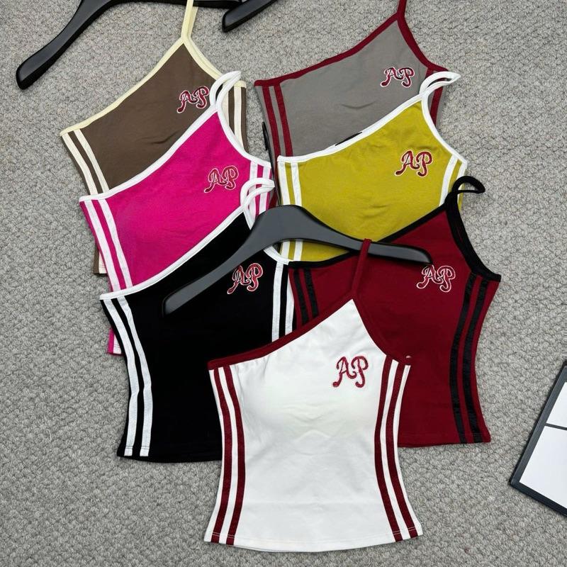  Áo dây lệch vai 1 bên bo viền chữ thêu có kèm mút đệm fom croptop 