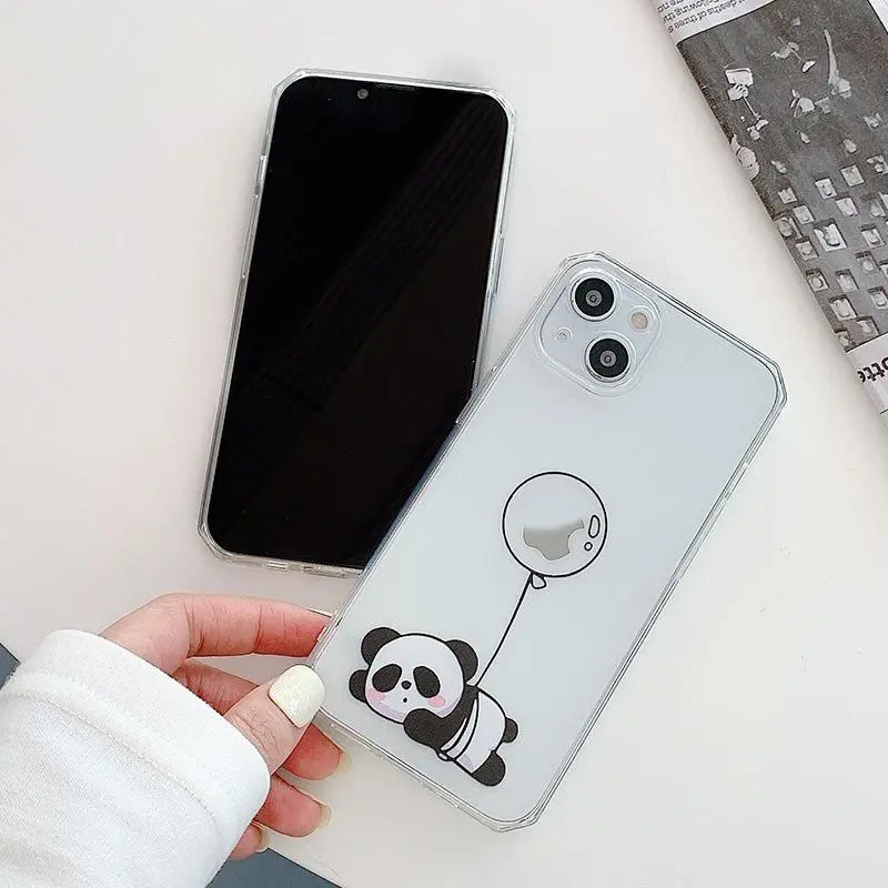 Soft Case TPU Transparan Motif Kartun Panda Lucu untuk iPhone 15 14 13 12 11 Pro Max X XR XSMAX 7P 7G 4