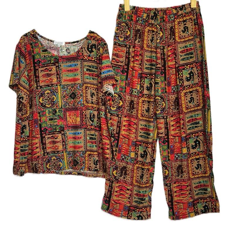 A08 - Đồ bộ linen quần dài 92cm ống 25cm lưng thun 2 túi dọc cổ tròn tay ngắn hoạ tiết thổ cẫm kích cỡ từ 50 đến 120kí