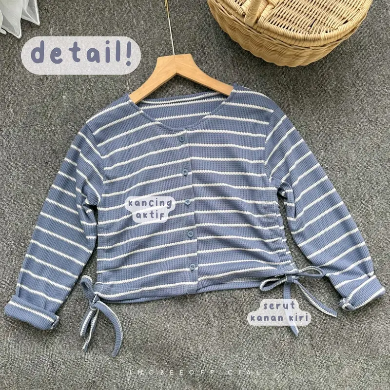 kumy crop stripe lengan panjang / atasan waffle garis crop / blouse serut korea 0