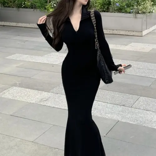 Maxi Dress Fishtail Long Sleeve Plain Half Zip 1793 (S/M/L/XL) 4