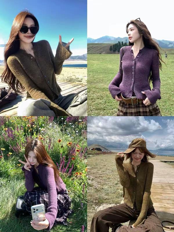 Áo cardigan mùa thu phong cách Hàn Quốc, thiết kế ấn tượng, tạo hiệu ứng thon gọn, bề mặt nhung mịn, cài nút trước, đơn giản thanh lịch, dễ phối đồ, phong cách thường ngày, màu trơn 6828