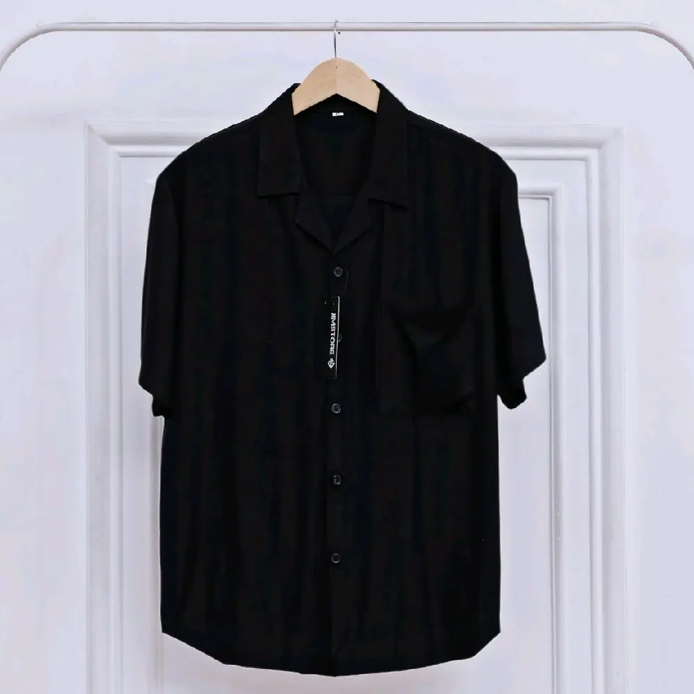 Kemeja hawai polos lengan pendek shirt Kancing Kerah Nyaman Rayon Twill Wanita Pria Basic