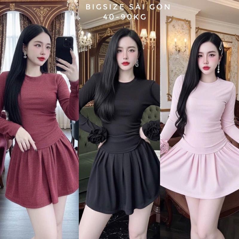 Set Váy Nữ Tay Dài Phối Hoa Chân Váy Xòe Ôm Eo Tôn Dáng Thanh Lịch Tiểu Bigsize 45- 80 Kg Dễ Thương Nữ Women Top - B.1682