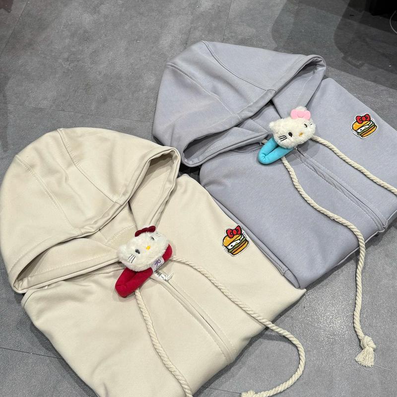 ( DEAL MỞ BÁN) LUMI HOUSE ÁO KHOÁC CẢN NẮNG KHOÁC ZIP FORM RỘNG CHẤT LIỆU BC UMI MỎNG MỊN PHÙ HỢP MUA THU HÈ HÌNH THÊU KITTY BURGER KÈM KẸP TÓC