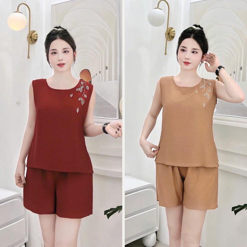 Bộ Mặc Nhà Quần Đùi Thêu Vai Chất Đũi Mát Mẻ Size 43-62kg Voi Nữ Kem Áo Women Top