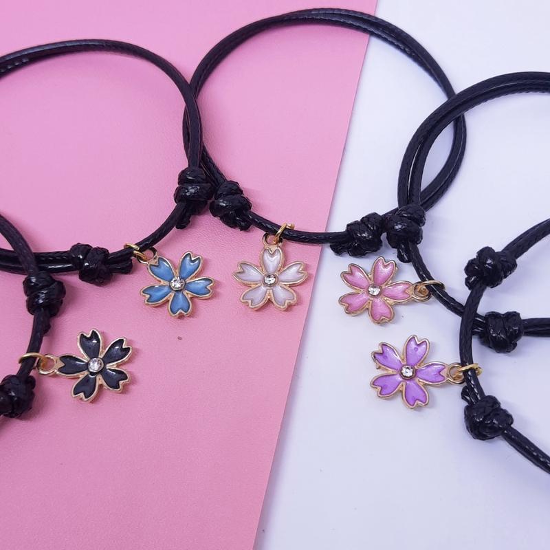 Gelang Couple Aesthetic Korea Pasangan Bestie Pacar Persahabatan Tali Korea Hitam Simple Lucu Murah Liontin Bunga Sakura 1
