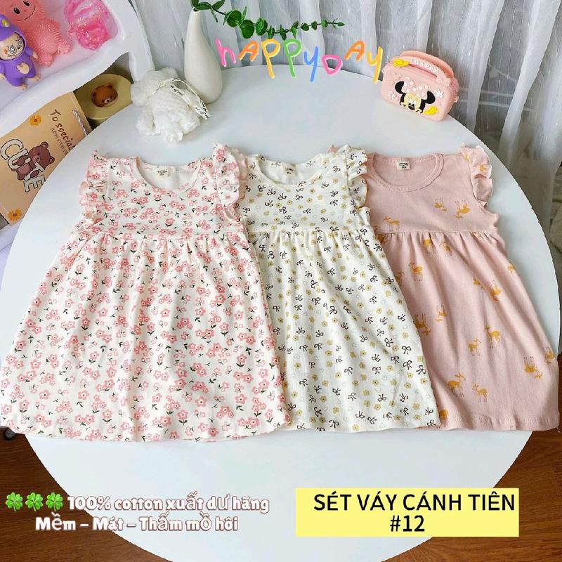Sét 3 váy cottong chuông cánh tiên siêu mát vải có hoạ tiết xinh cho bé gái