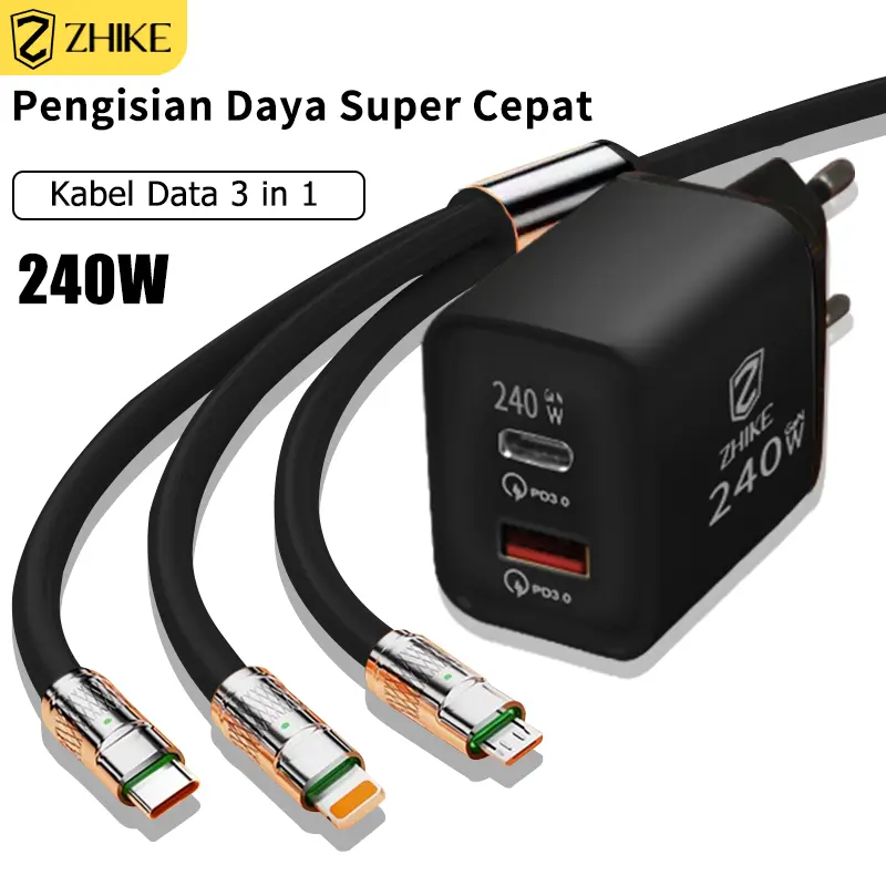 ZHIKE 240W Kabel Data 3-in-1 Pengisian Daya Cepat dengan Port Type-C/Micro USB/iOS Lightning, Dilengkapi Charger 240W 1.2 Meter, Dukungan 6A Kepala Charger Cepat, Cocok untuk Sebagian Besar Model Ponsel. 0