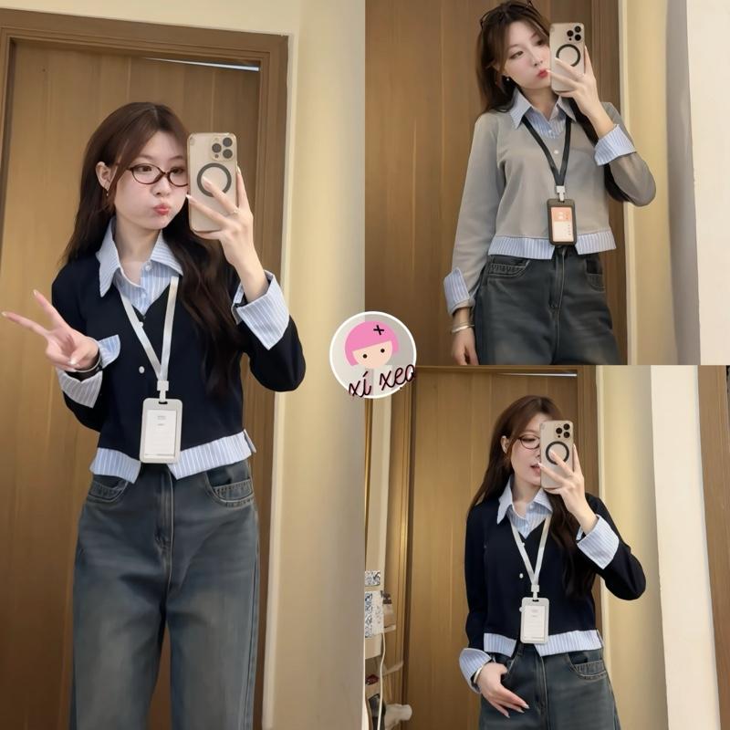 Áo cardigan len tăm XIXEOSHOP phối cổ sơ mi tay dài - A65 Nữ