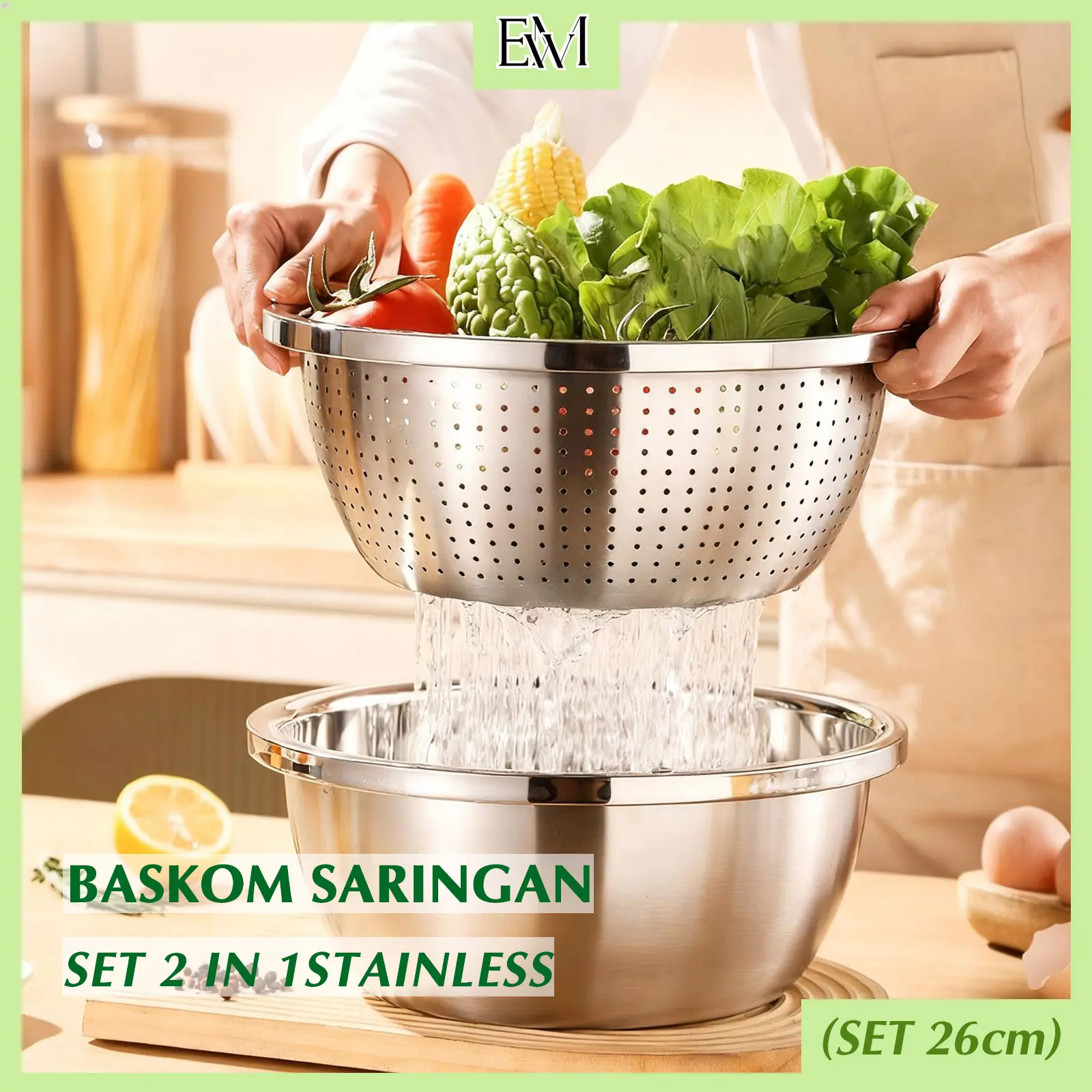 Set 2in1 Baskom Saringan Tebal Stainless Saringan Dapur Multi Bolong Tebal Cuci Sayur Wadah tempat buah Baskom Stainless Tebal Serbaguna Berkualitas Baskom Peniris Minyak Beras Sayuran 26cm