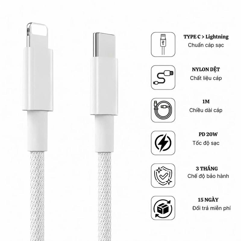 sạc nhanh PD20W Chíp C94 bọc dù 1met sạc nhanh Phone 8-14prm Phụ Kiện Sạc Điện…