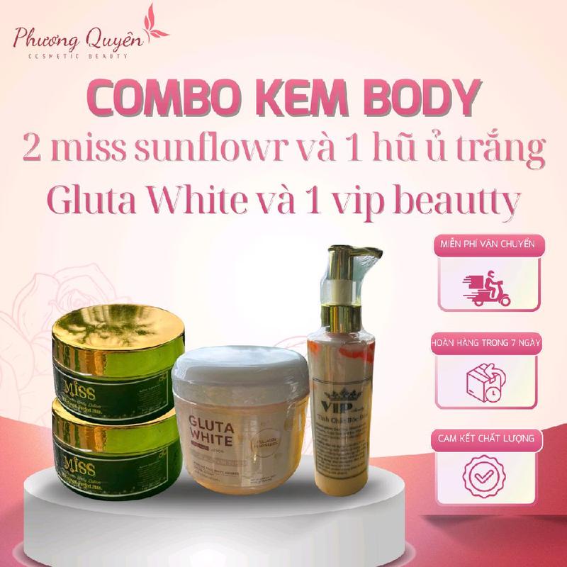     Mua 1 Được 4    .Combo  Kem Body  Bóc Đen     2  Hủ Miss body Miss sunflowr và  1 Hủ Ủ  Trắng Body Gluta White   Sản Phẩm Chăm Sóc Da 