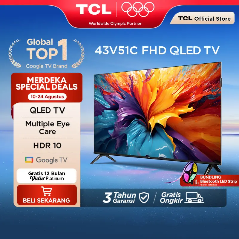 TCL 43 inch V51C - QLED - HDR 10 - Multiple Eye Care - Dolby Audio - Bezel-less (Model: 43V51C)