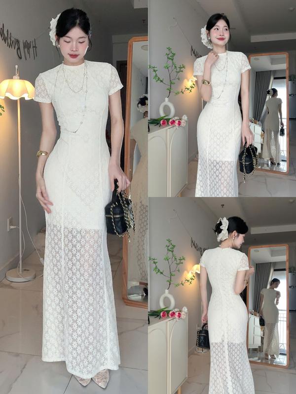 Đ.28-R Có Sẵn Đầm Ren Hoa Thiết Kế Đuôi Cá Dáng Dài Dự Tiệc Đúp lót full váy + Ren mềm co giãn Women Top Dress | Tũm Clothing