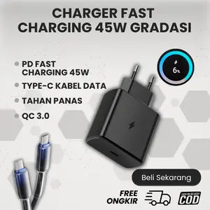 Pengisi Daya Cepat 45W untuk Ponsel Sam Android Charger Kabel Data Type C ke Type C 1m/2m Adapter Hitam Putih Aksesori untuk A72 A73 A52 A32 W20 A16 A33 S9 A80 A25 A34 S25 S25 FE S24 Ultra Plus S22 S23 - Adaptor