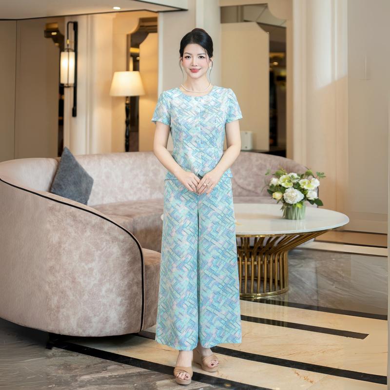 Set đồ bộ trung niên mặc nhà tặng mẹ LYBEE LS033 chất lụa tuyết mềm mại, thoải mái đủ size 45-75kg