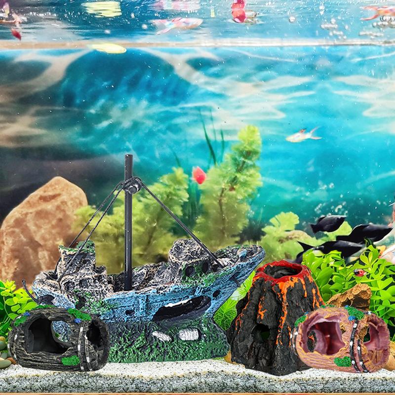 Product Introduction of Aquarium Wine Barrel Pirate Boat Volcano Resin Ornament Artificial Barrels Cave Fish Tank Landscape 29
