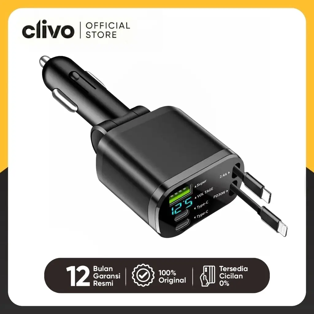 Charger Mobil Pengisian Cepat Seratus Dua Puluh Watt Kabel Tarik Lima Port Tampilan Digital
