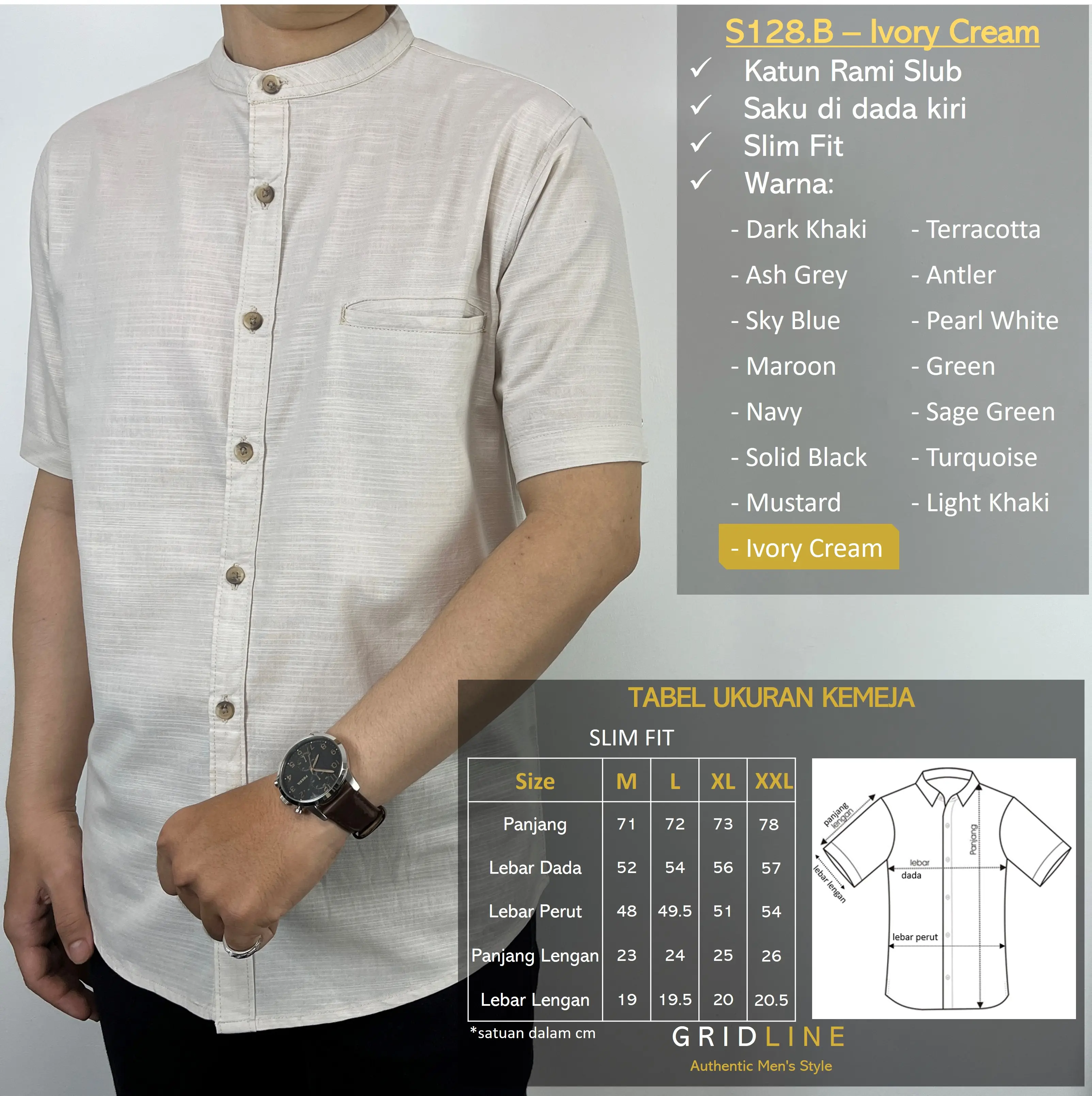 [GRIDLINE - S128.B Colorful Premium Koko Series] Kemeja Koko Pria Slimfit Polos Katun Linen Rami High Quality Adem Tebal Premium Berkualitas Kerah Sanghai M-XXL Baju Koko Muslim Lebaran Puasa Solat Lembut
