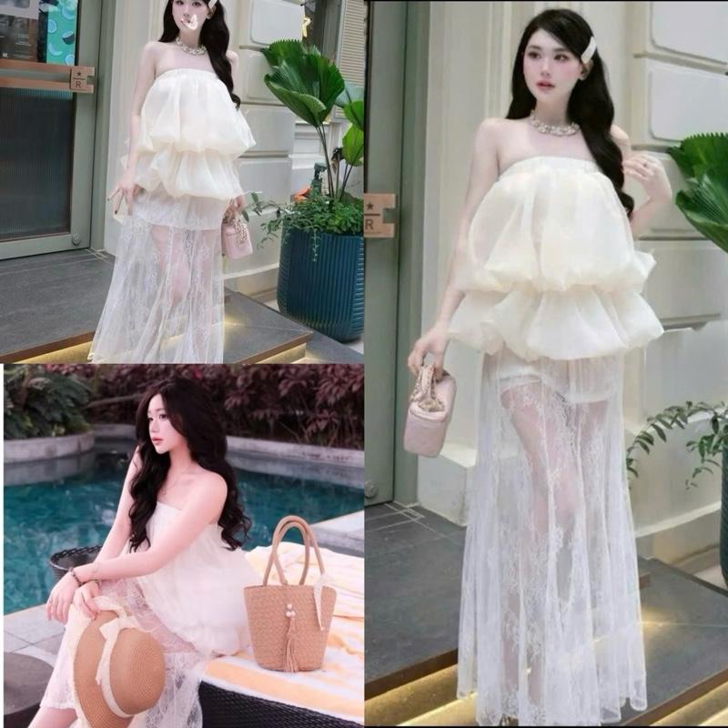 Set Tơ Bồng Bí Mix Chân Váy Ren Dài đuôi cá phong cách tiểu thư - DinhLanAnhStore