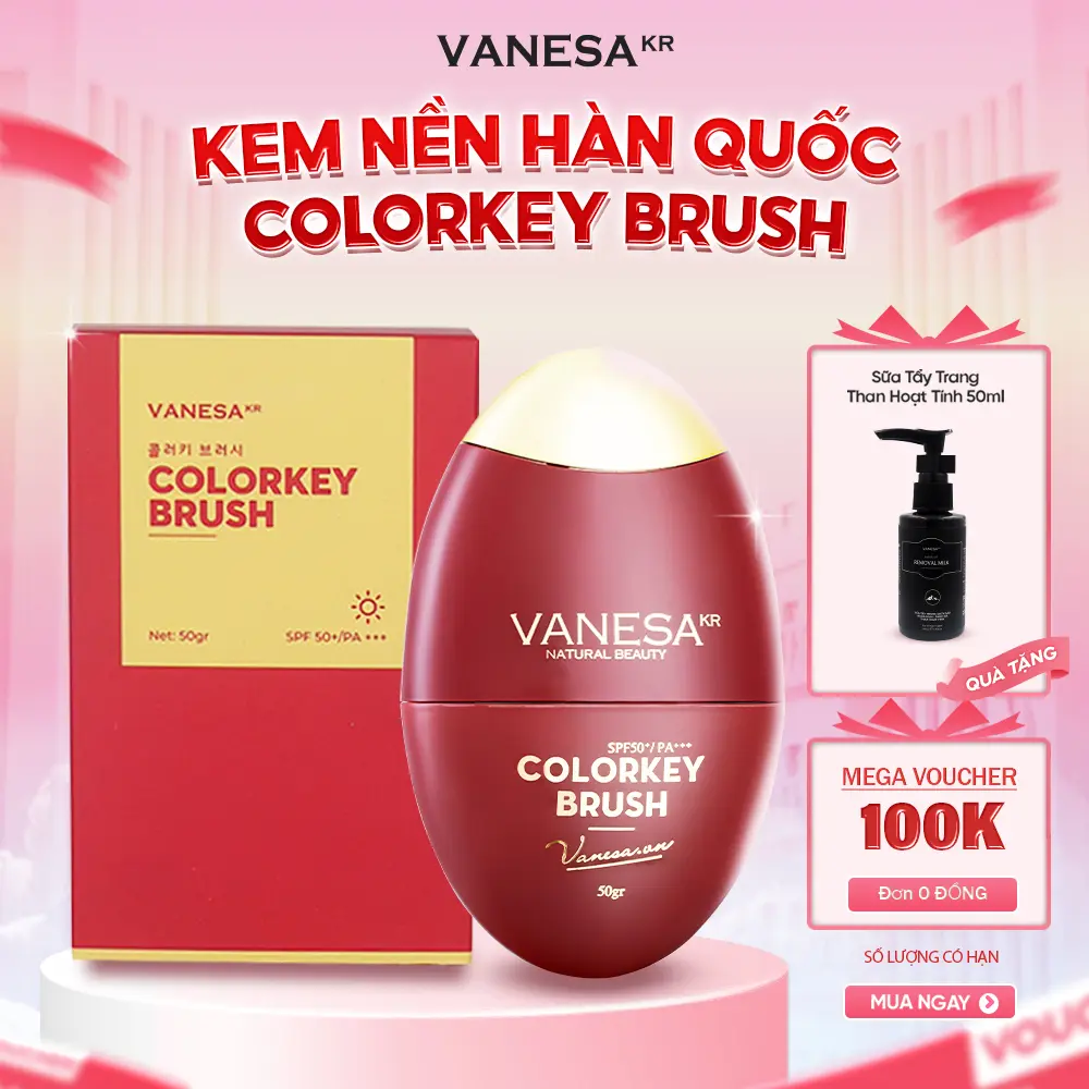 Kem nền trang điểm BB Colorkey Brush Vanesa 50g che khuyết điểm đầu mút siêu tiện lợi, kiềm dầu, lâu trôi cho lớp nền mỏng mịn
