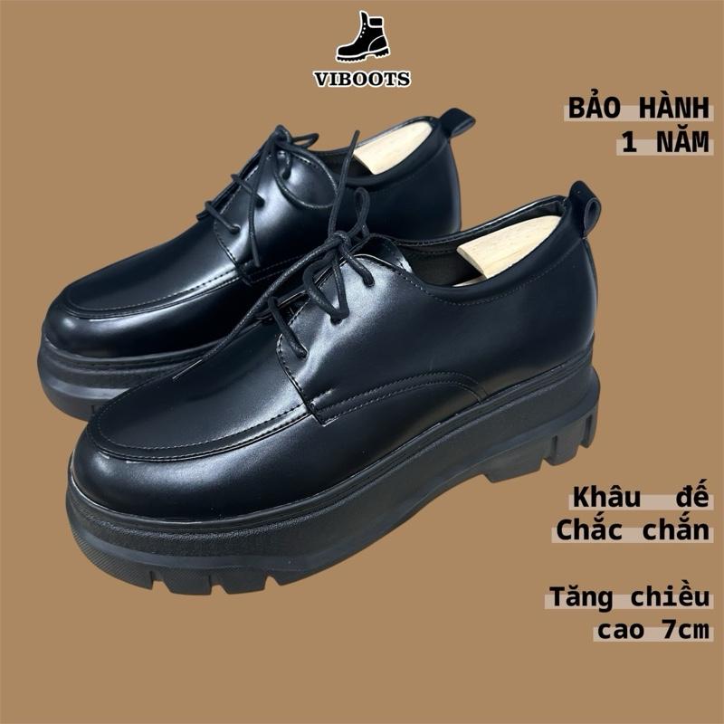 Giày Derby Chunky Đế Tăng Cao 7cm Mũi Tròn May Viền Da Bóng Dáng Tây Nam Màu Đen Sang Trọng Cải Thiện Chiều Cao