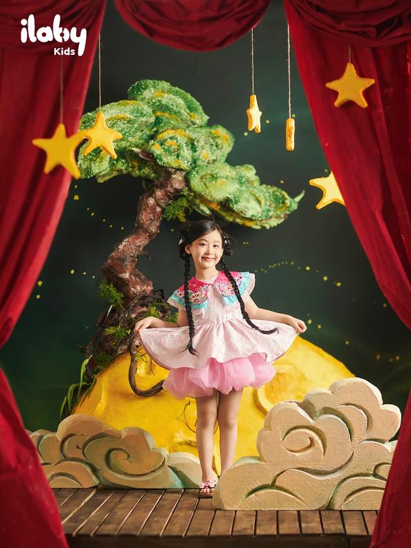  Set váy bé gái ILABY đi chơi Tết Noel đi tiệc cổ yếm tháo rời chất liệu gấm phối lưới bồng bềnh CẨM NGUYỆT  3573  