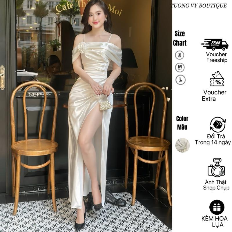 ( XẺ TÀ & KÈM QUẦN VÁY TRẮNG ) - Váy Lụa Trễ Vai Xếp Li Eo Dáng Dài Dây Điều Chỉnh CÓ MÚT Chất Lụa Mềm Mịn Sang Trọng Dành Cho Nữ - TUONGVy909 TRẮNG TINH