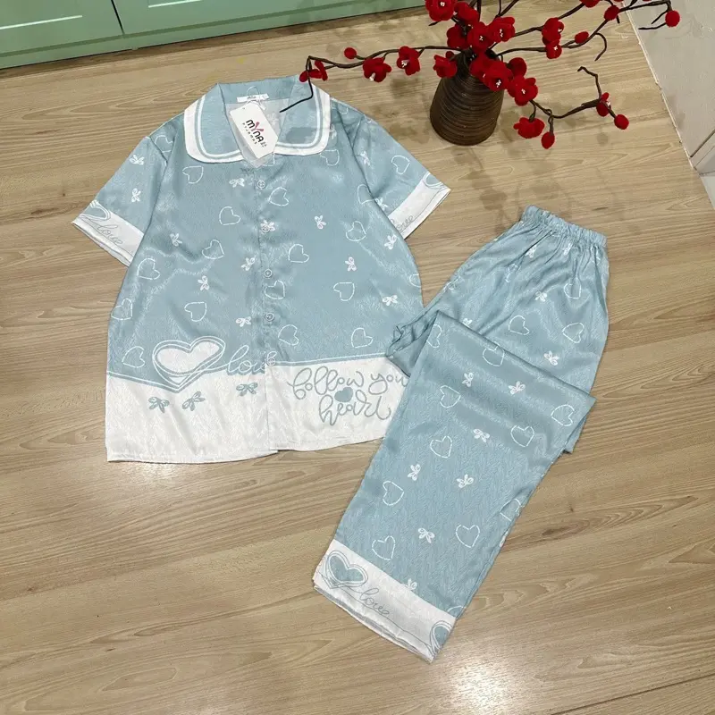 Bộ lụa xước ánh kim tay cộc quần dài cho nữ mặc nhà dễ thương co sz 40-65kg ngủ set bongu đồ macnha